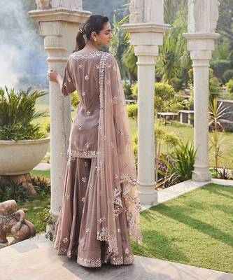 Coffee Mirror Embroidered Short Kurta, Sharara And Dupatta Set 4