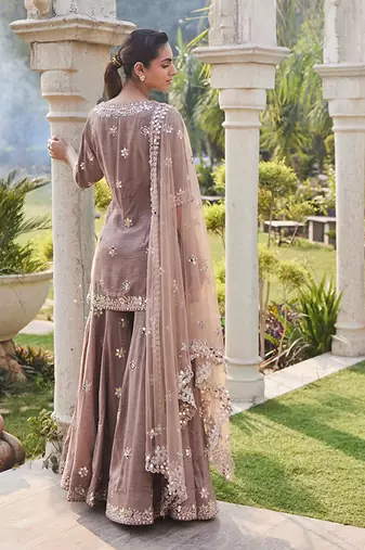 Coffee Mirror Embroidered Short Kurta, Sharara And Dupatta Set