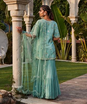 Sea Green Mirror Embroidered Short Kurta, Sharara And Dupatta Set 2