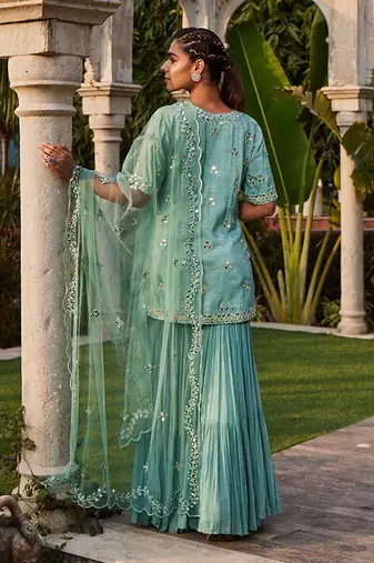 Sea Green Mirror Embroidered Short Kurta, Sharara And Dupatta Set