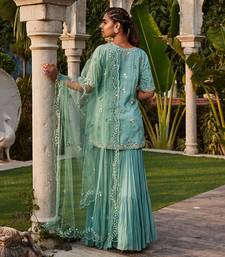 Sea Green Mirror Embroidered Short Kurta, Sharara And Dupatta Set