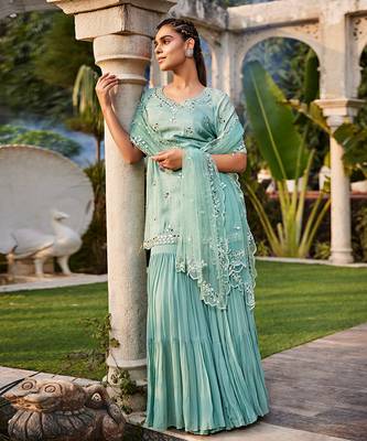 Sea Green Mirror Embroidered Short Kurta, Sharara And Dupatta Set 1