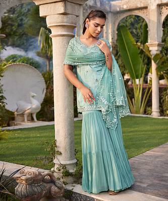 Sea Green Mirror Embroidered Short Kurta, Sharara And Dupatta Set 3