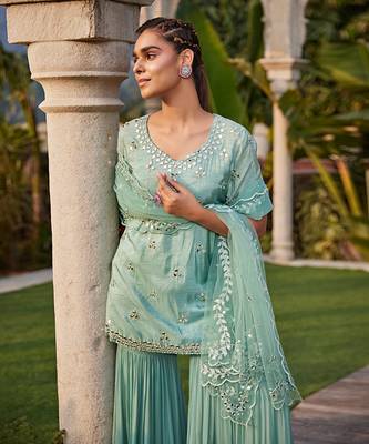 Sea Green Mirror Embroidered Short Kurta, Sharara And Dupatta Set 4