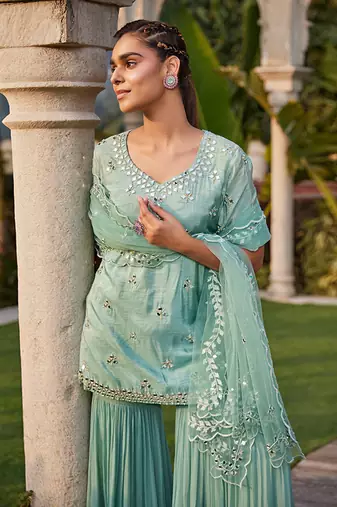 Sea Green Mirror Embroidered Short Kurta, Sharara And Dupatta Set
