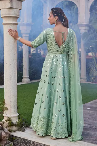 Sea Green Mirror Embroidered Anarkali Set