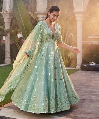 Sea Green Mirror Embroidered Anarkali Set 3
