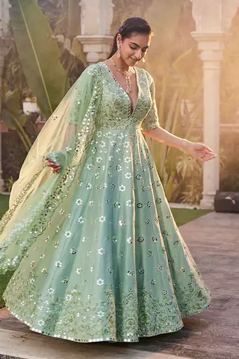 Sea Green Mirror Embroidered Anarkali Set