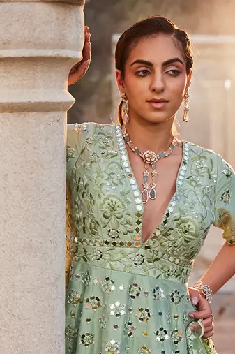 Sea Green Mirror Embroidered Anarkali Set