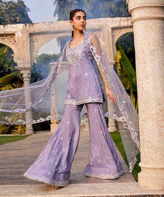 Lilac Mirror Embroidered Short Kurta, Sharara And Dupatta Set 2