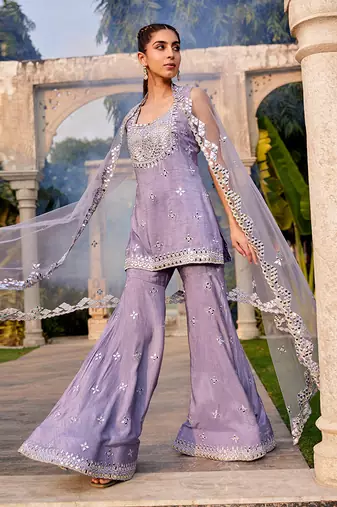 Lilac Mirror Embroidered Short Kurta, Sharara And Dupatta Set