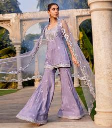 Lilac Mirror Embroidered Short Kurta, Sharara And Dupatta Set