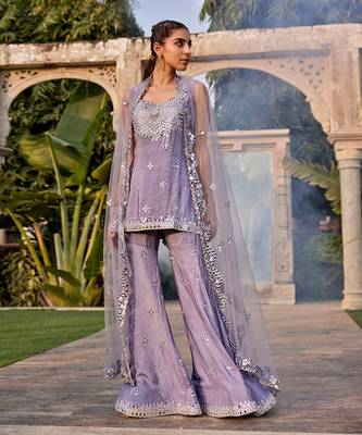 Lilac Mirror Embroidered Short Kurta, Sharara And Dupatta Set 1