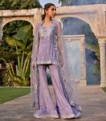 Lilac Mirror Embroidered Short Kurta, Sharara And Dupatta Set