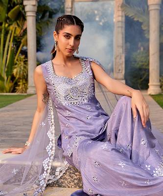 Lilac Mirror Embroidered Short Kurta, Sharara And Dupatta Set 3