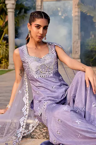 Lilac Mirror Embroidered Short Kurta, Sharara And Dupatta Set