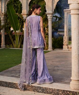 Lilac Mirror Embroidered Short Kurta, Sharara And Dupatta Set 4