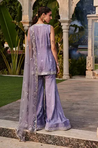 Lilac Mirror Embroidered Short Kurta, Sharara And Dupatta Set