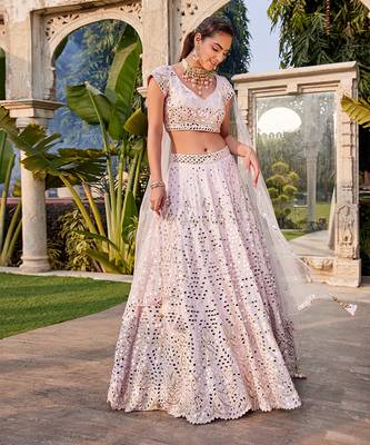 Baby Pink Mirror Embroidered Choli, Lehenga And Dupatta Set 2