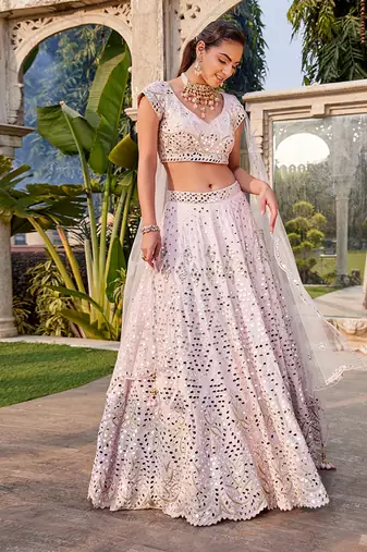 Baby Pink Mirror Embroidered Choli, Lehenga And Dupatta Set