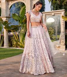 Baby Pink Mirror Embroidered Choli, Lehenga And Dupatta Set