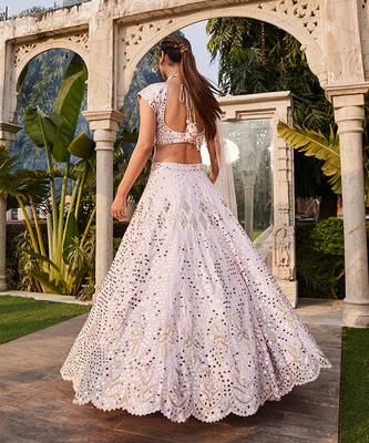 Baby Pink Mirror Embroidered Choli, Lehenga And Dupatta Set 3