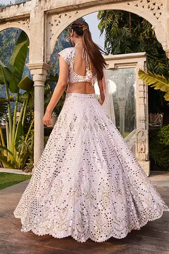 Baby Pink Mirror Embroidered Choli, Lehenga And Dupatta Set