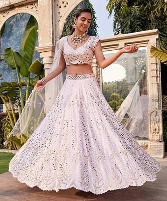 Baby Pink Mirror Embroidered Choli, Lehenga And Dupatta Set 1