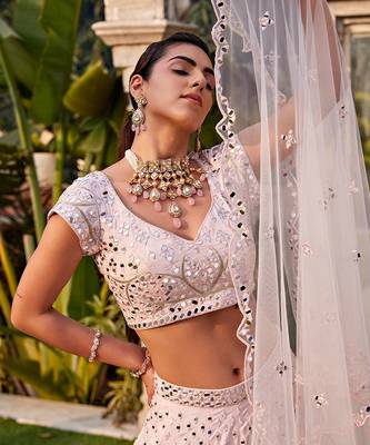 Baby Pink Mirror Embroidered Choli, Lehenga And Dupatta Set 4
