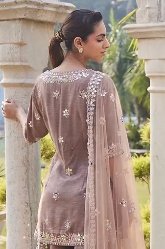 Coffee Mirror Embroidered Kurta, Lehenga And Dupatta Set