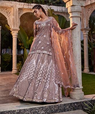 Coffee Mirror Embroidered Kurta, Lehenga And Dupatta Set 1