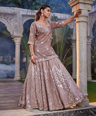 Coffee Mirror Embroidered Kurta, Lehenga And Dupatta Set 3