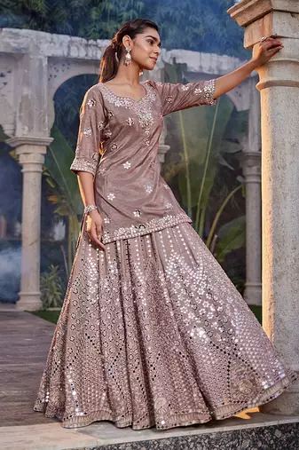 Coffee Mirror Embroidered Kurta, Lehenga And Dupatta Set