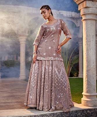 Coffee Mirror Embroidered Kurta, Lehenga And Dupatta Set 4