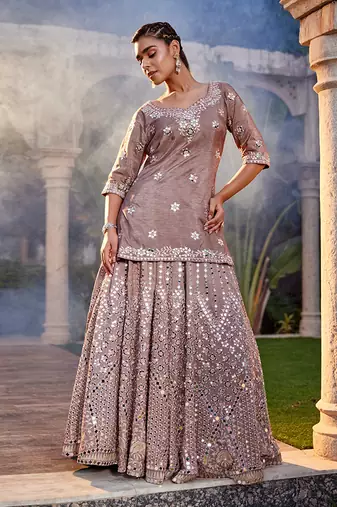 Coffee Mirror Embroidered Kurta, Lehenga And Dupatta Set