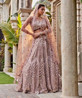 Coffee Mirror Embroidered Kurta, Lehenga And Dupatta Set 1