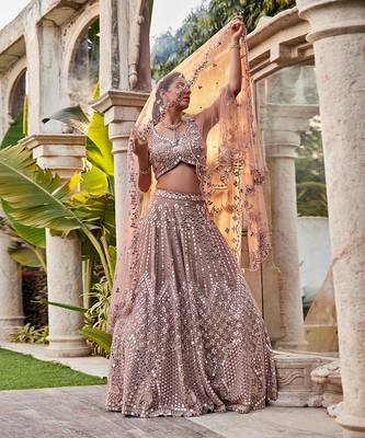 Coffee Mirror Embroidered Kurta, Lehenga And Dupatta Set 2