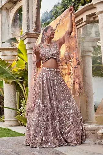 Coffee Mirror Embroidered Kurta, Lehenga And Dupatta Set