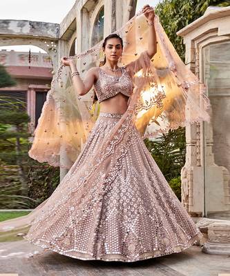 Coffee Mirror Embroidered Kurta, Lehenga And Dupatta Set 3