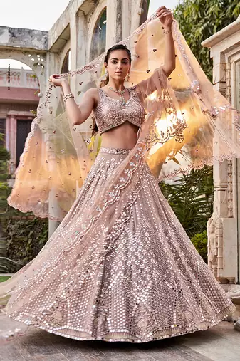 Coffee Mirror Embroidered Kurta, Lehenga And Dupatta Set