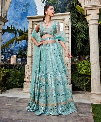 Sea Green Mirror Embroidered Choli, Lehenga And Dupatta Set 1