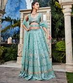 Sea Green Mirror Embroidered Choli, Lehenga And Dupatta Set