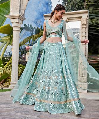 Sea Green Mirror Embroidered Choli, Lehenga And Dupatta Set 2