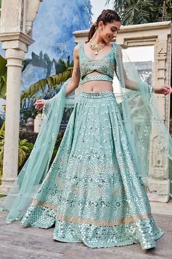 Sea Green Mirror Embroidered Choli, Lehenga And Dupatta Set