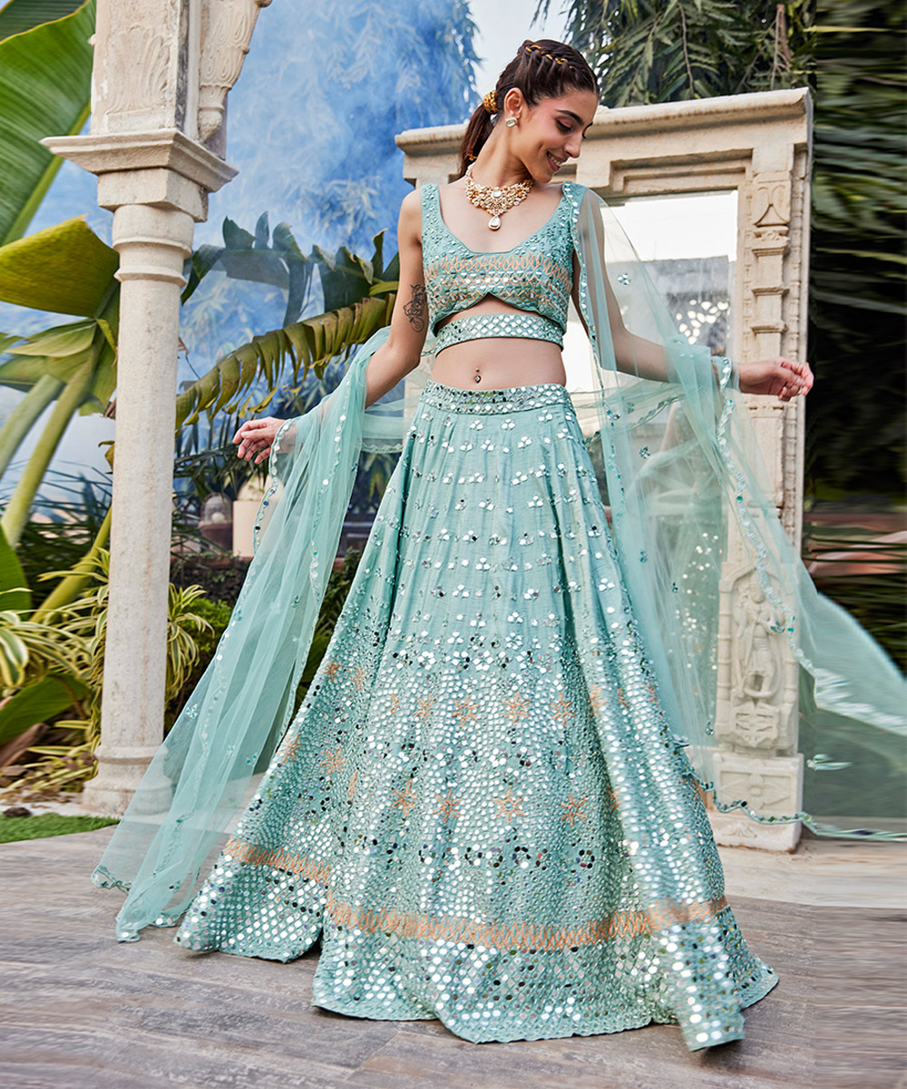 Sea Green Mirror Embroidered Choli, Lehenga And Dupatta Set