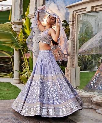 Lilac Mirror Embroidered Choli, Lehenga And Dupatta Set 2