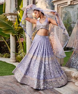 Lilac Mirror Embroidered Choli, Lehenga And Dupatta Set 1