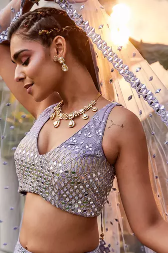 Lilac Mirror Embroidered Choli, Lehenga And Dupatta Set