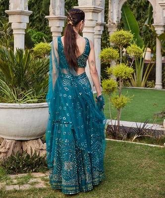 Teal Mirror Embroidered Choli, Lehenga And Dupatta Set 2