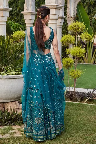 Teal Mirror Embroidered Choli, Lehenga And Dupatta Set